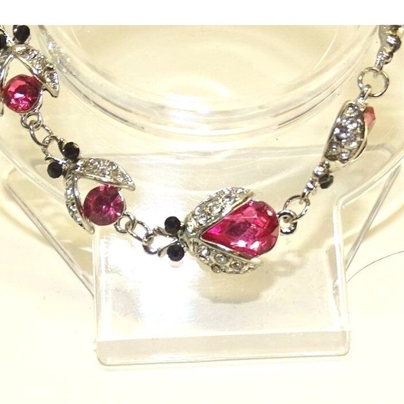 Unbranded Jewelry - Bracelet silver tone pink crystal ladybug lobster clasp whimsical New
